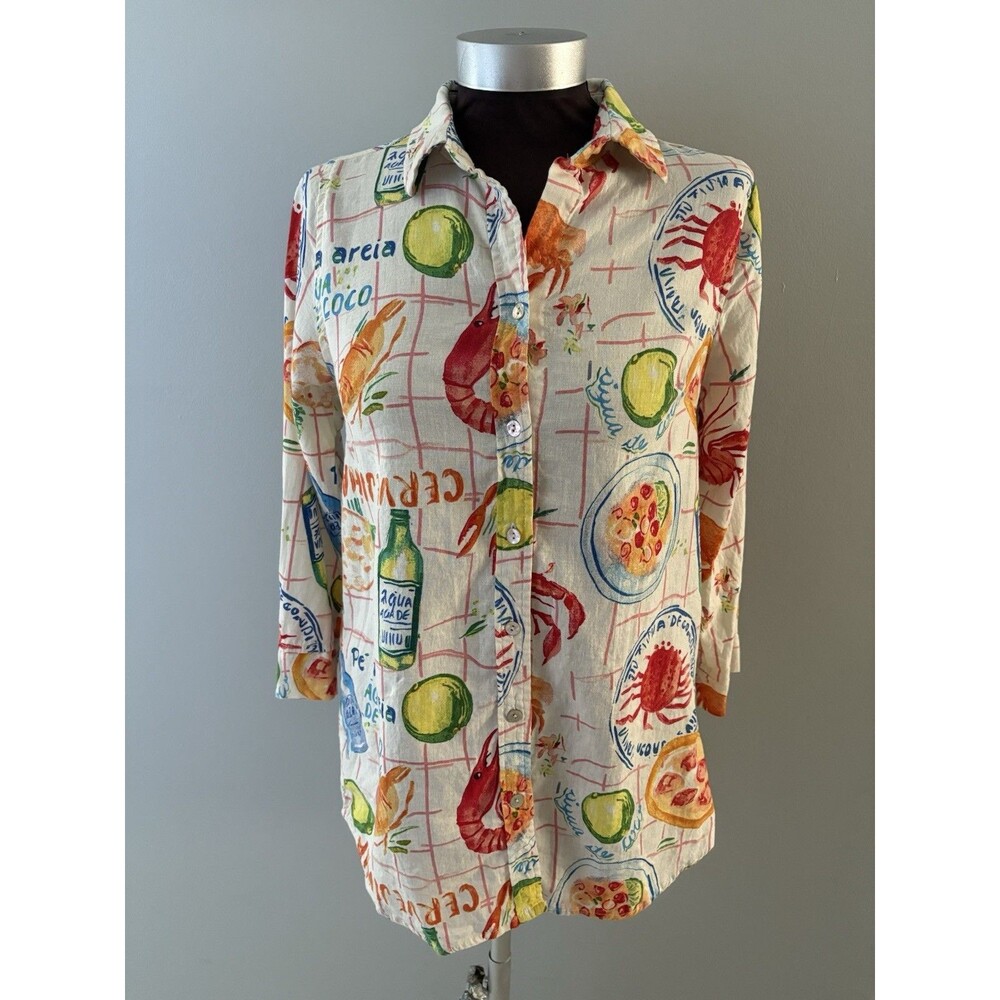 Calypso St. Barth Linen Blend Button Down Shirt Seafood Print Lobster Medium